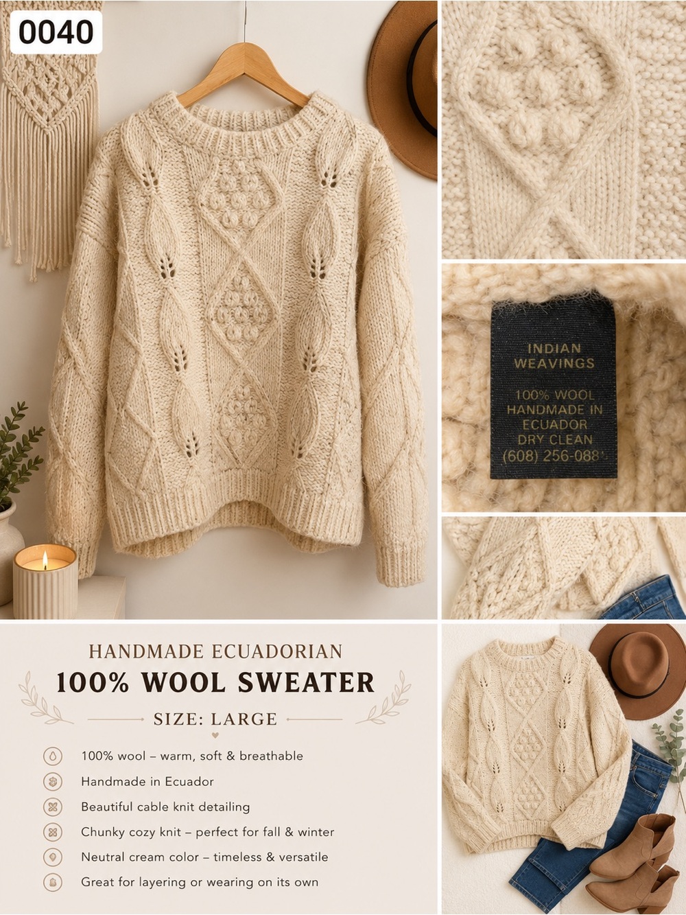 Cream Cable Knit Wool Sweater - Women